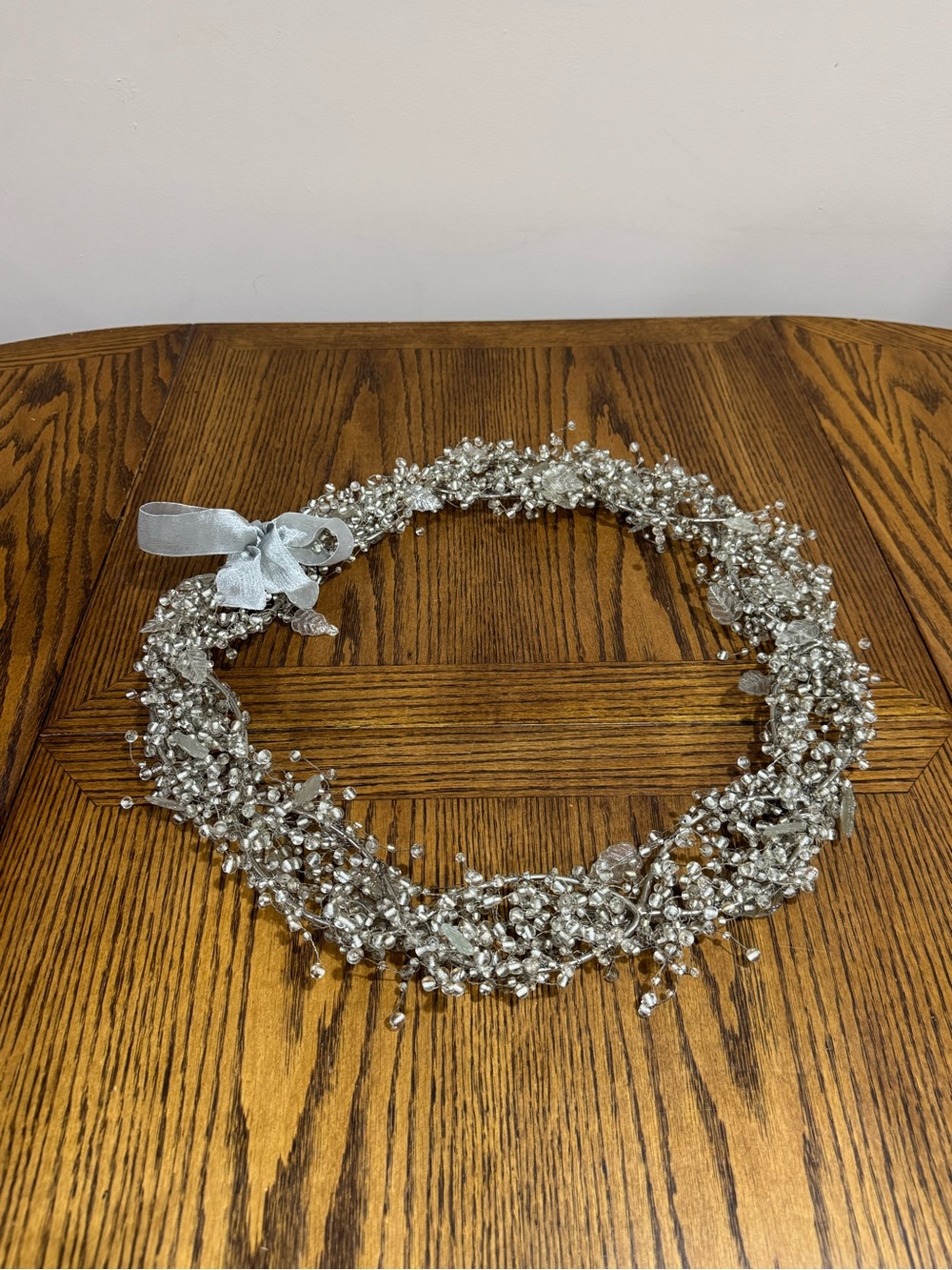 Silver & clear glass leaves & beaded Holiday Wreath on silver metal frame